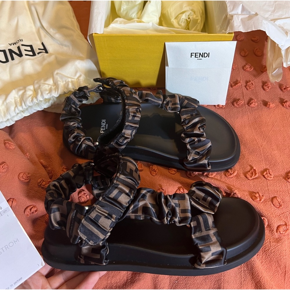 NEW Fendi FF Monogram Satin Ruched Sport Sandals
